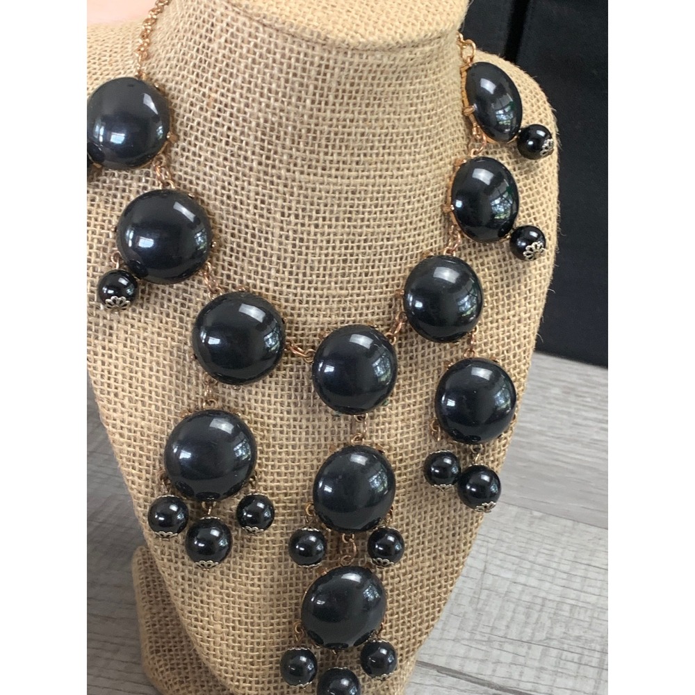 Black Statement Bib Necklace Rose Gold Tone Glossy Cabochon Beaded Cluster 5087